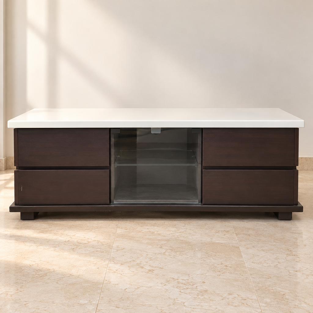 MDF TV Cabinet with Glass Storage and White Top - Lightly Used - styled hero