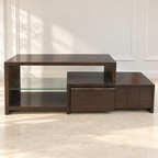 Dark Brown TV Rack with Glass Shelves and Storage - Regularly Used - styled hero