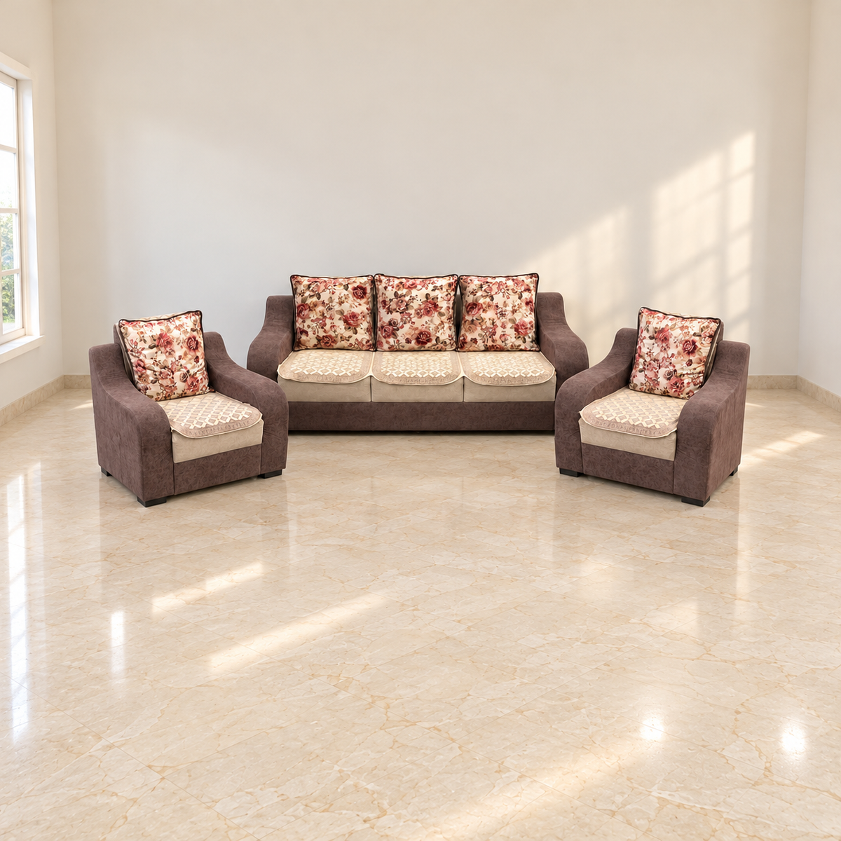 Brown fabric 5-seater sofa set with floral cushions - Delhi - hero