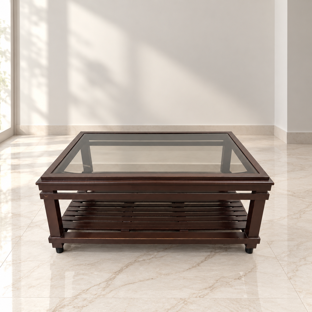 Rectangular wooden centre table with glass top, showing visible pre-owned wear