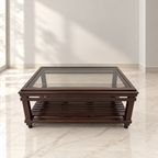 Rectangular wooden centre table with glass top, showing visible pre-owned wear
