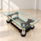 Designer Glass Centre Table with Wooden Base — photographed resale item in a neutral room