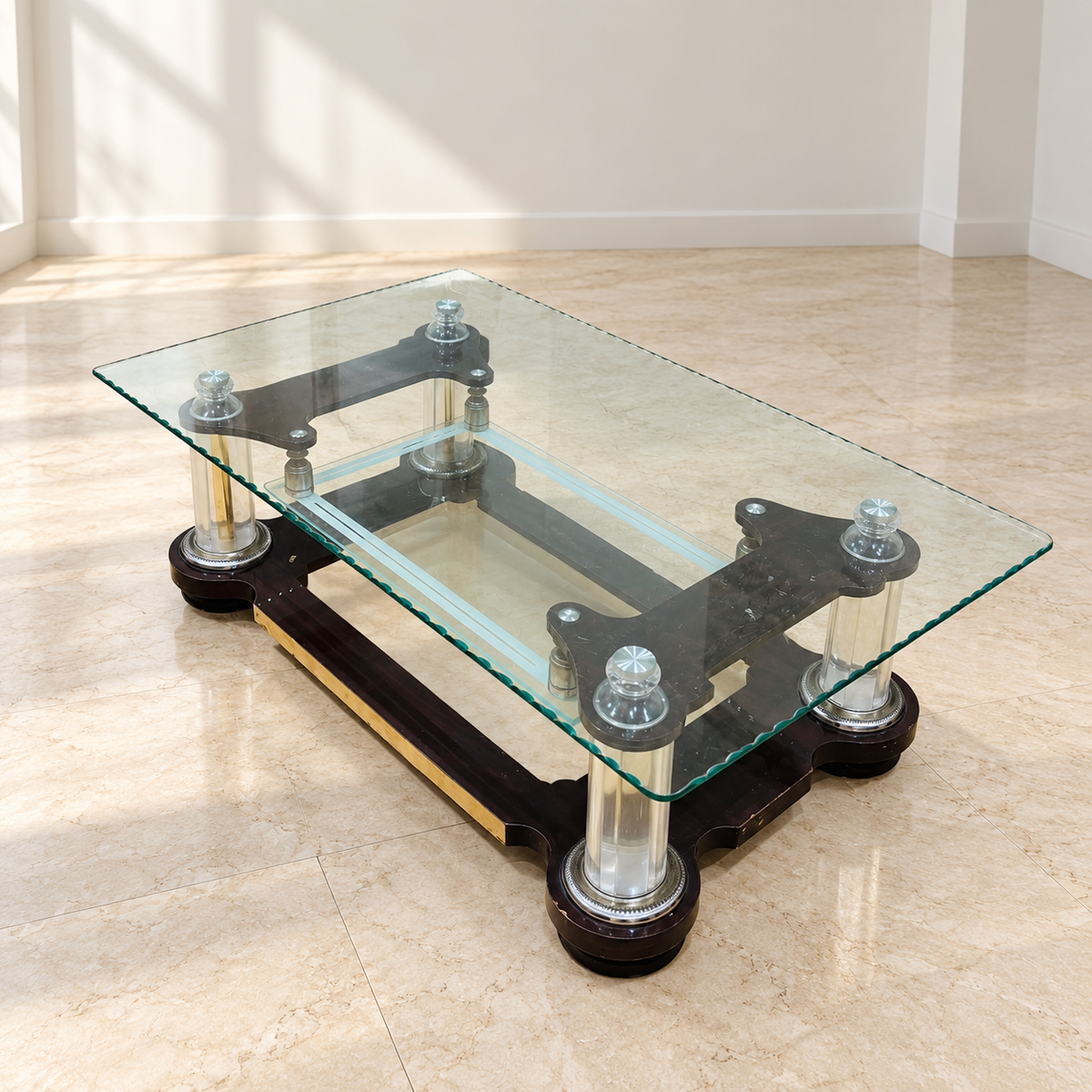 Designer Glass Centre Table with Wooden Base — photographed resale item in a neutral room