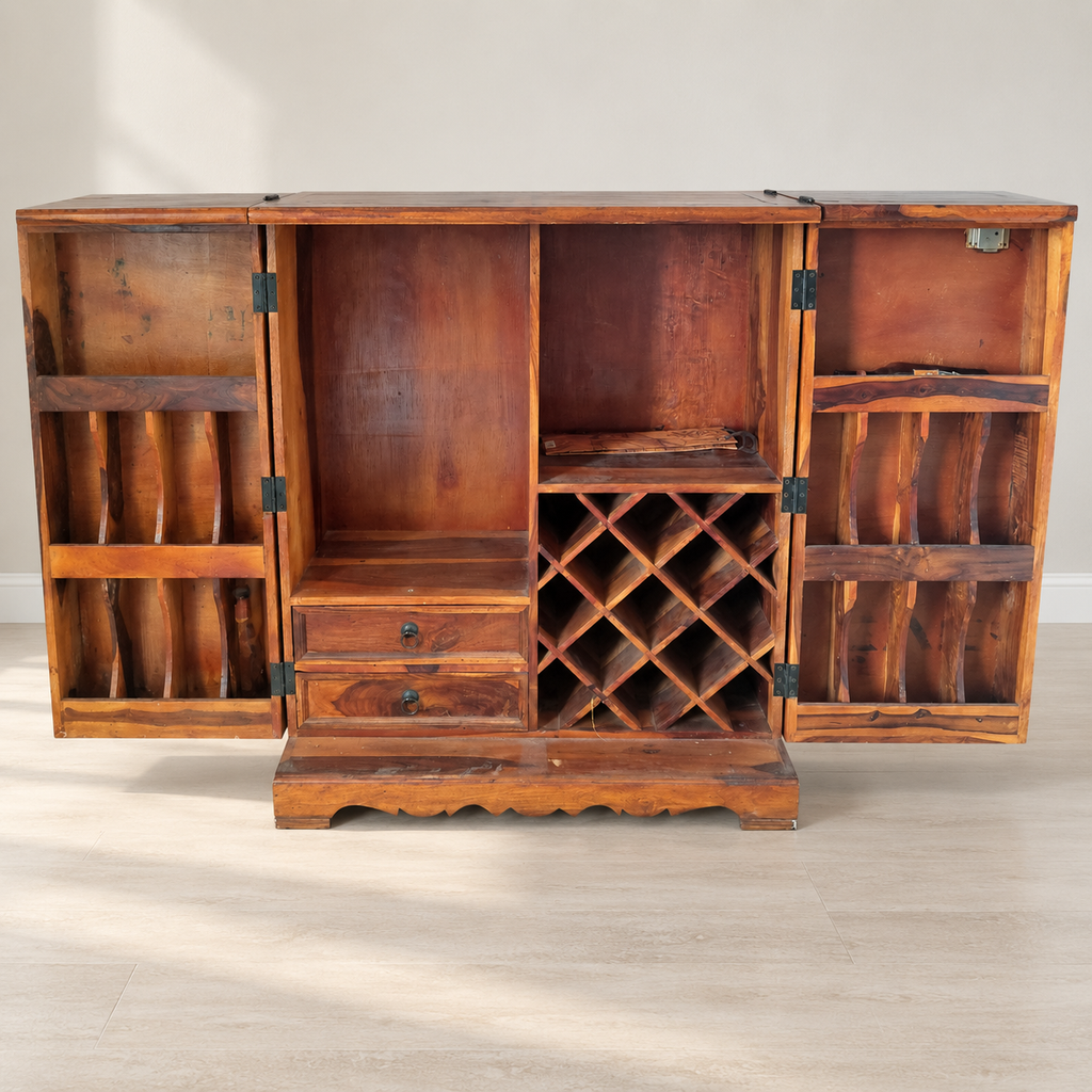 Pepperfry Sheesham Wood Bar Unit with Wine Rack — photographed resale item in a neutral room
