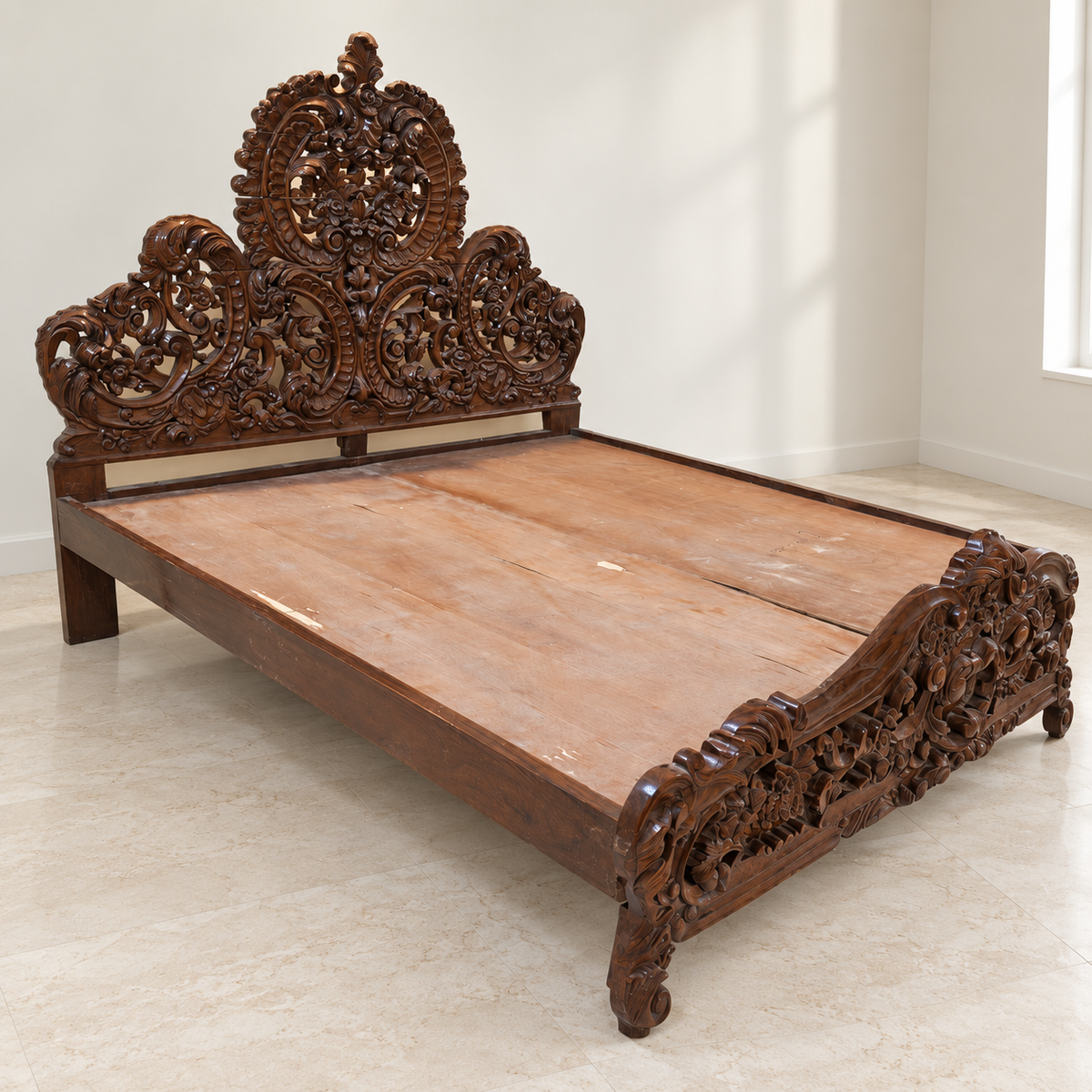 Carved Teak Wood Double Bed without Storage — photographed resale item in a neutral room