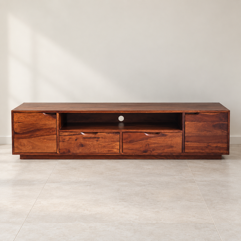 Urban Ladder Wooden TV Console with Drawers — photographed resale item in a neutral room