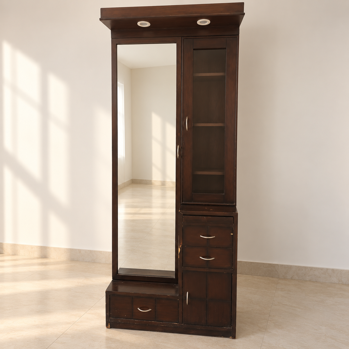 Wooden Dressing Table with Mirror and Glass Cabinet — photographed resale item in a neutral room