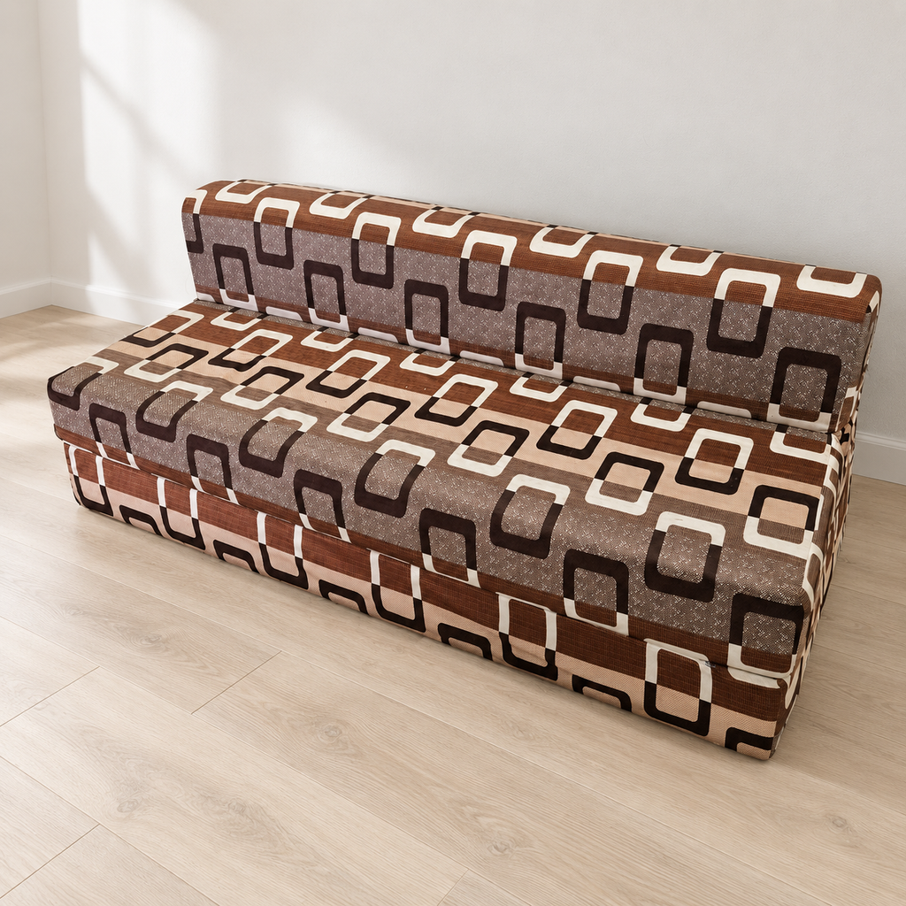Fold-Out Sofa Cum Bed, 6 x 6 ft, Brown Geometric Print — photographed resale item in a neutral room