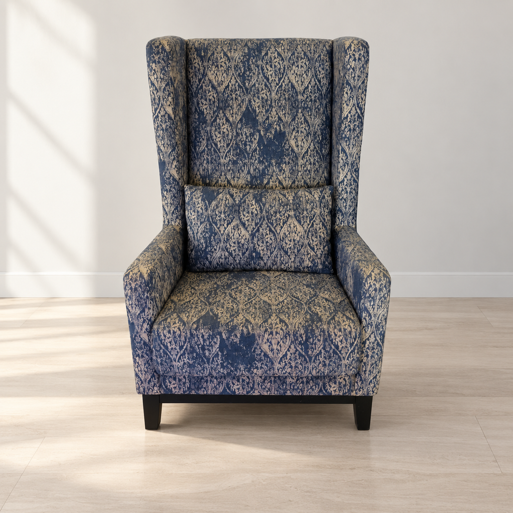 Blue Damask Wingback Armchair with Lumbar Cushion — photographed resale item in a neutral room