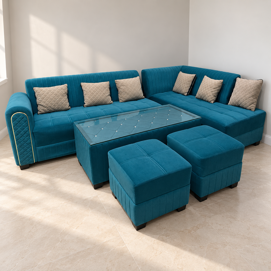 Teal 6-Seater L-Shaped Sofa with Centre Table and 2 Pouffes — product hero