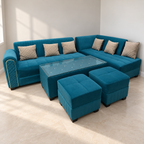 Teal 6-Seater L-Shaped Sofa with Centre Table and 2 Pouffes — product hero