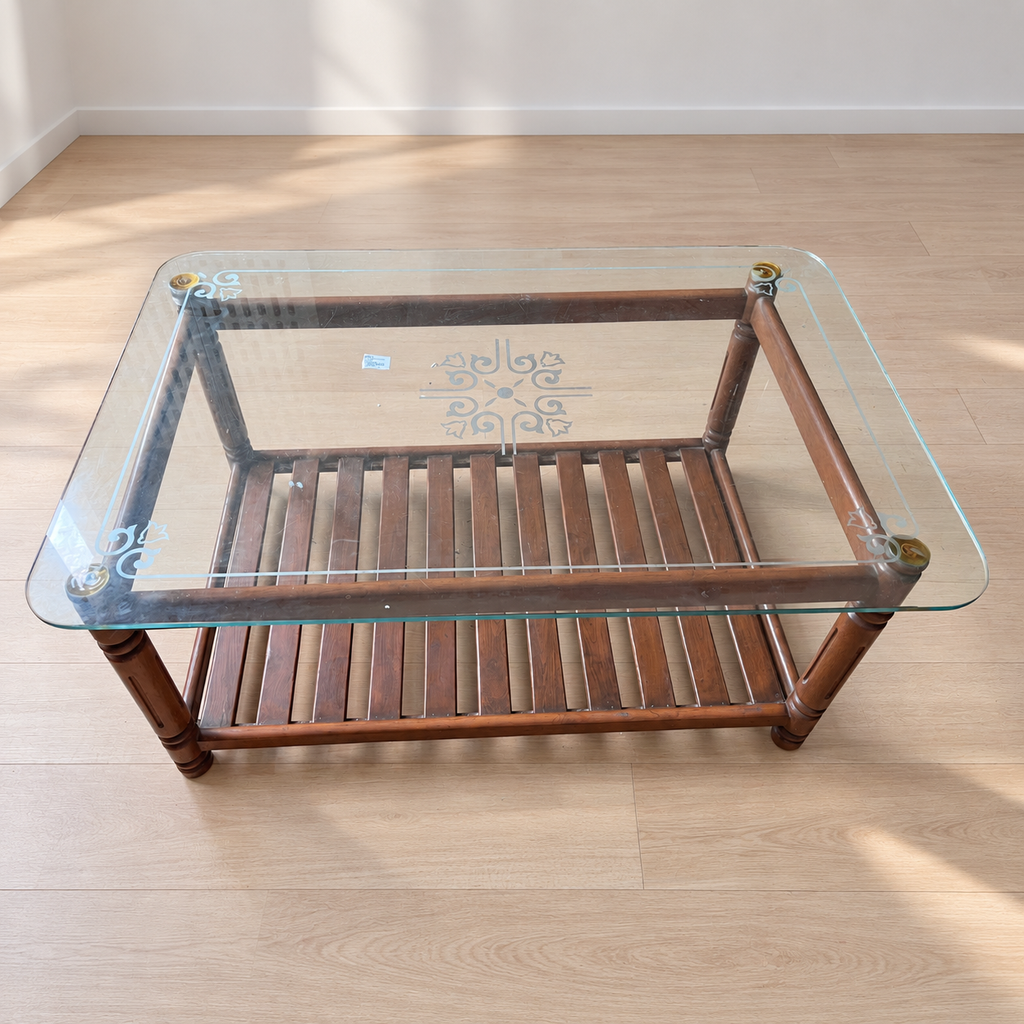 Wooden Centre Table with Etched Glass Top and Slatted Shelf — product hero