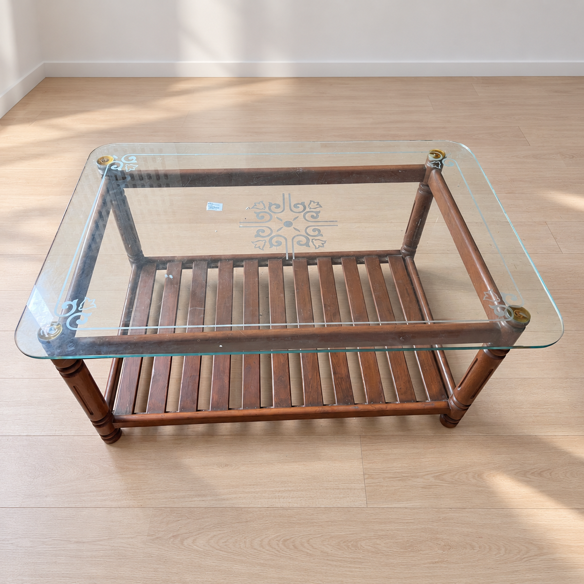 Wooden Centre Table with Etched Glass Top and Slatted Shelf — product hero
