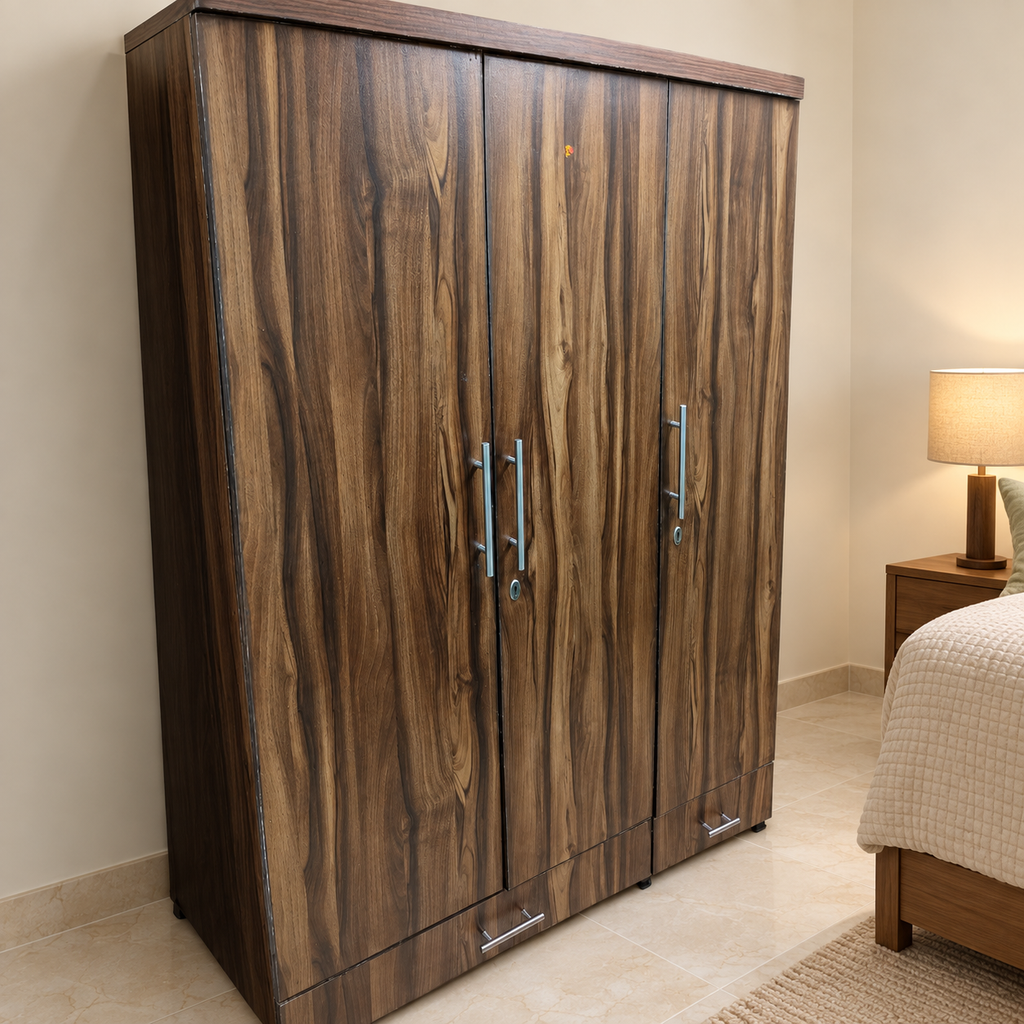 Three-door dark woodgrain wardrobe in a neutral bedroom