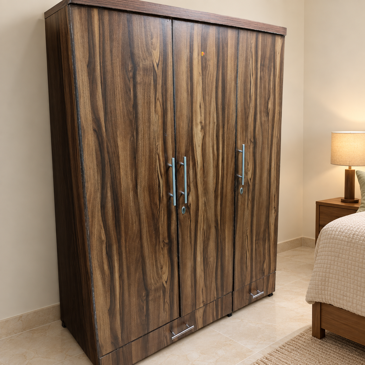 Three-door dark woodgrain wardrobe in a neutral bedroom