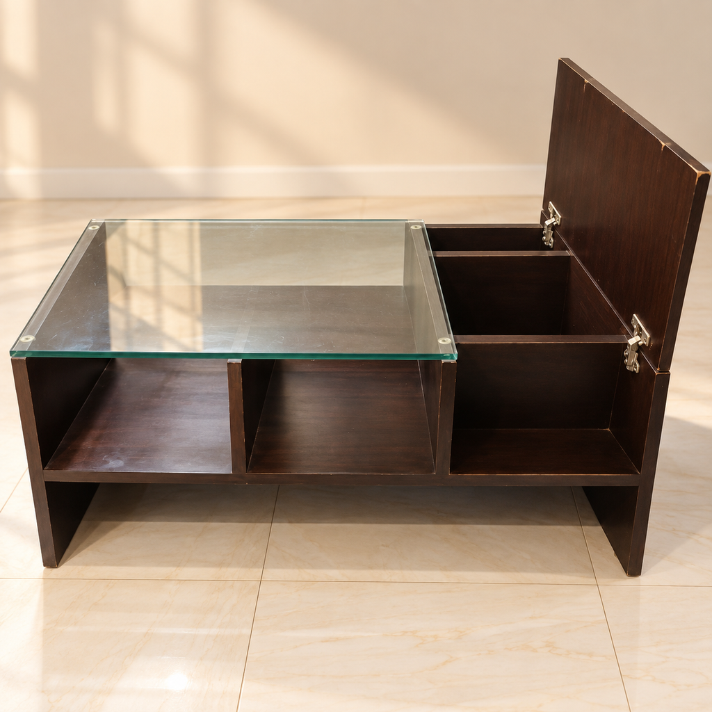 Pre-owned dark wood coffee table with glass top, open shelves and lift-up storage