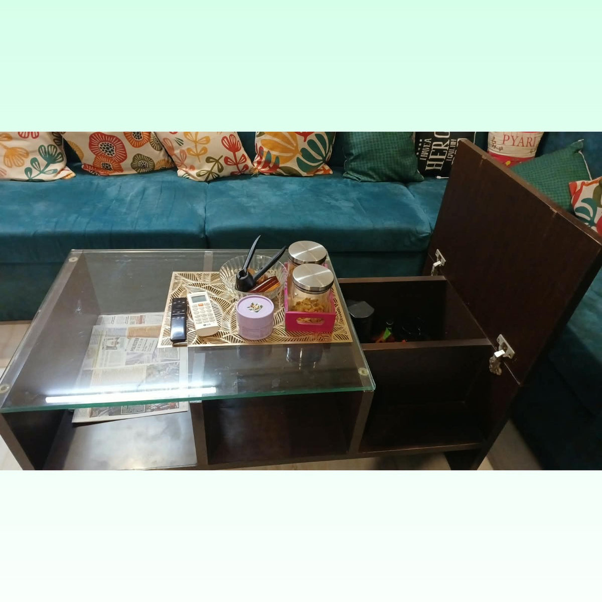 Wooden Coffee Table with Glass Top and Storage photo 3