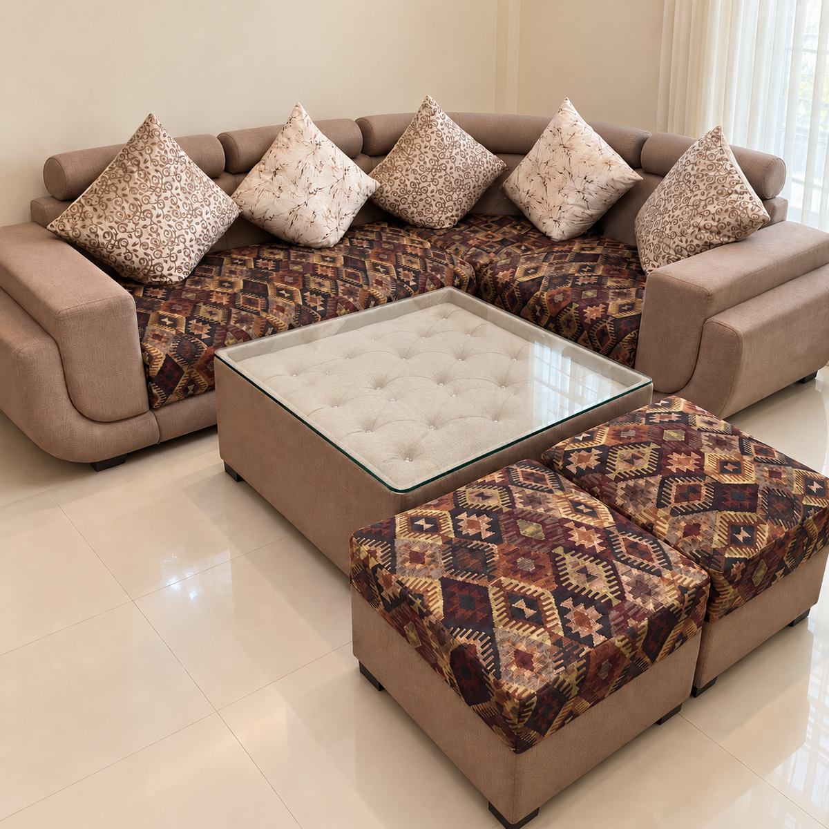 L-Shaped Sofa with Glass Table and 2 Poufs - hero