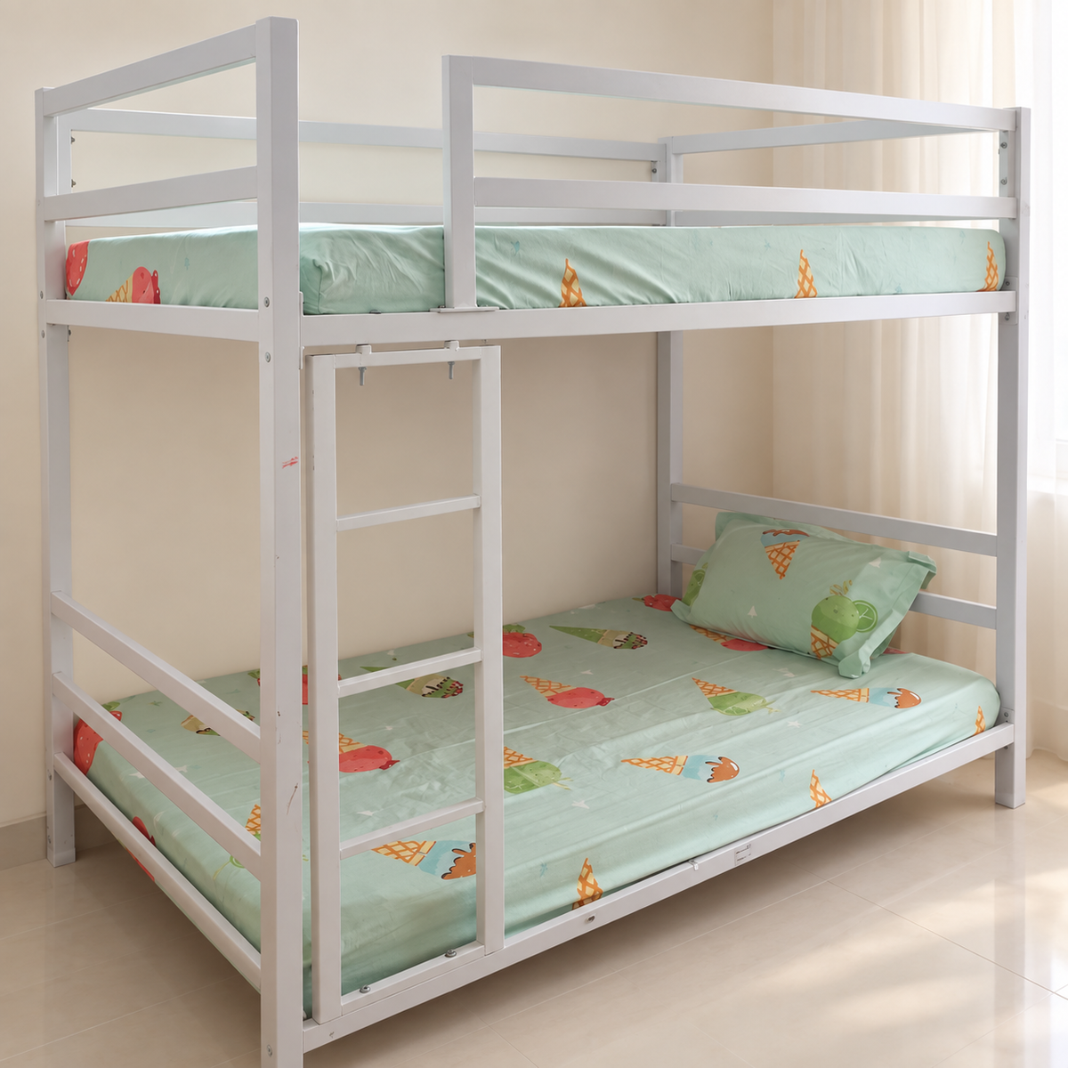 Pre-owned white metal bunk bed with ladder and mattresses visible; confirm included mattress count
