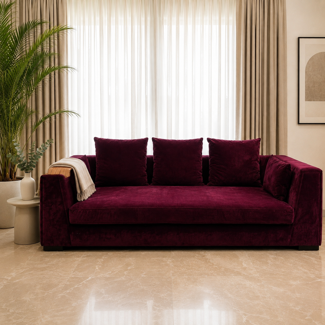 Custom Plum Suede 3-Seater Sofa (Furniturewalla)