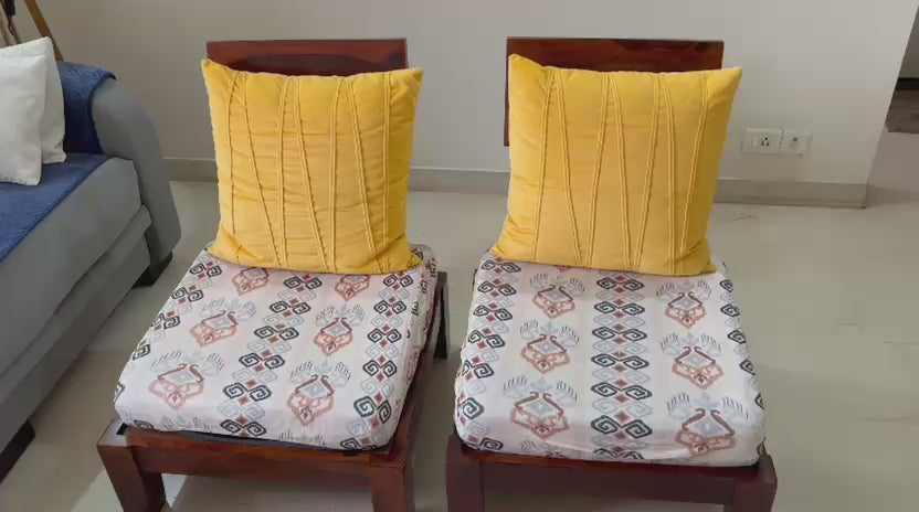 2 single seater sheesham wood chairs with cushions video