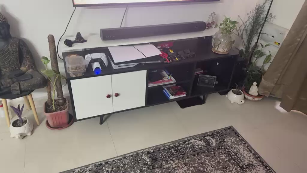 Black and White TV Cabinet with Doors and Open Shelves