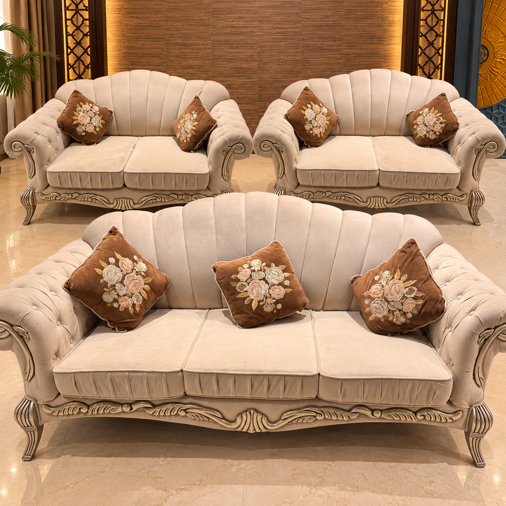 Pre-owned beige carved velvet sofa set with one three-seater and two two-seaters; visible seat marks