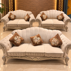 Pre-owned beige carved velvet sofa set with one three-seater and two two-seaters; visible seat marks