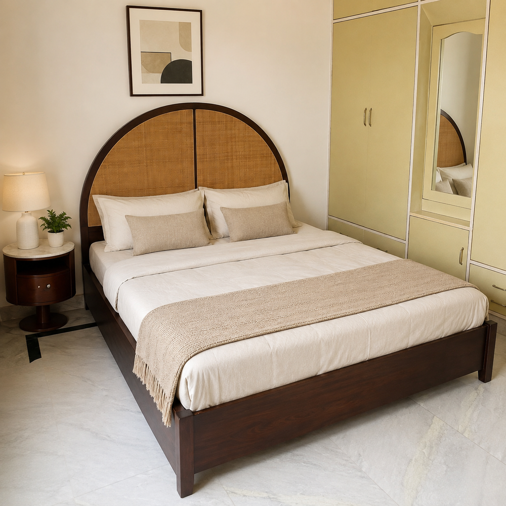 Sheesham Wood Bed with Rattan Headboard (King)