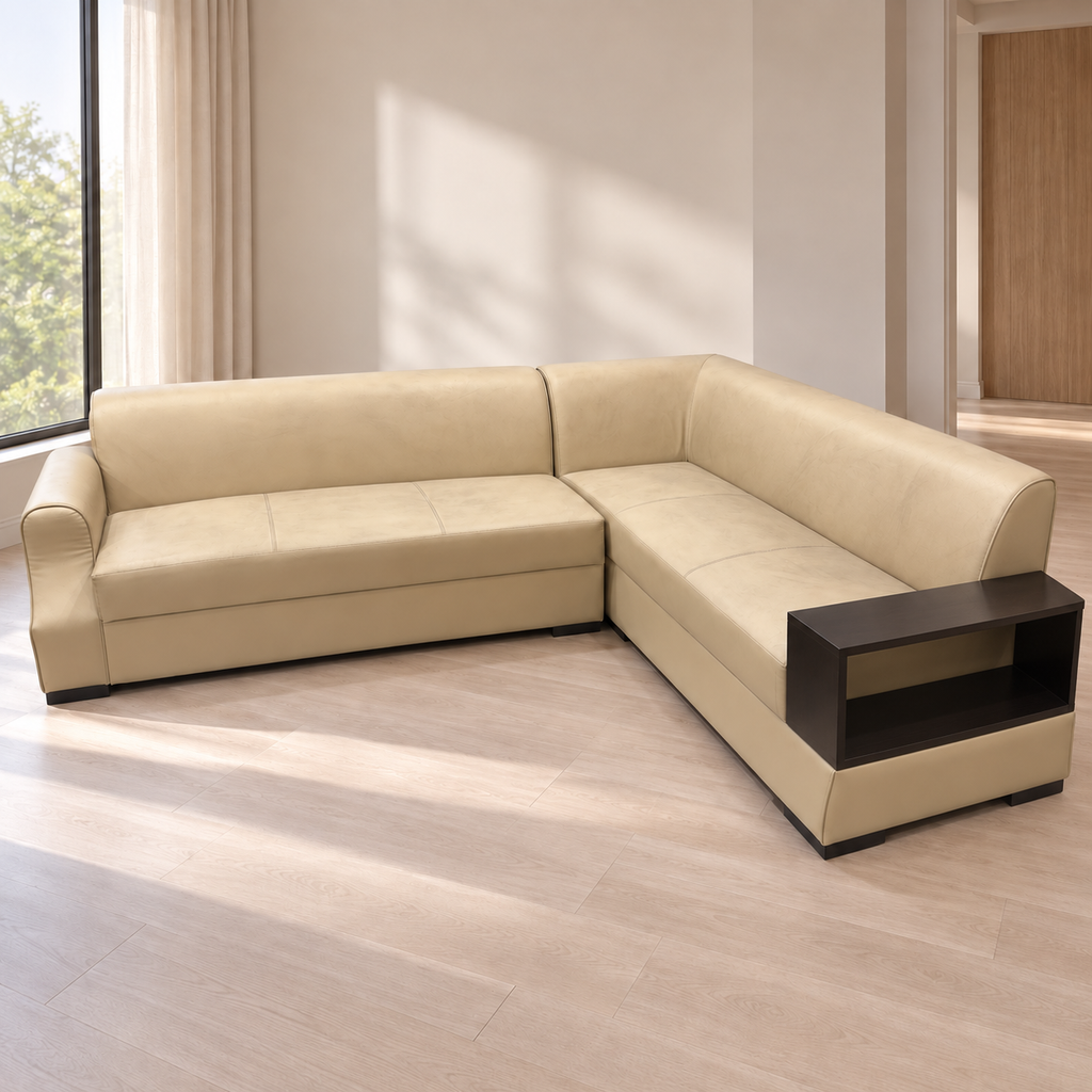 Cream six-seater L-shape sectional sofa with integrated black wooden hand-rest and shelf