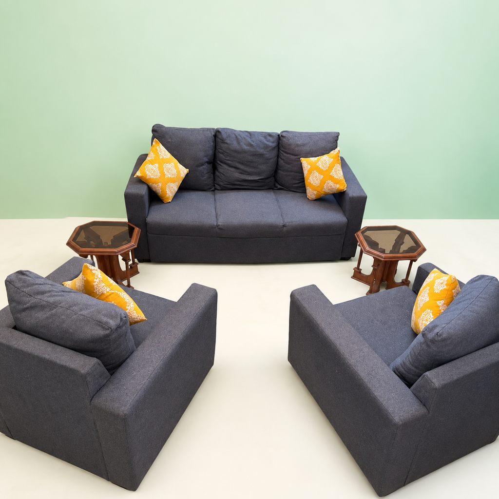 Furlenco 5-Seater Sofa Set + 2 Glass Top Side Tables