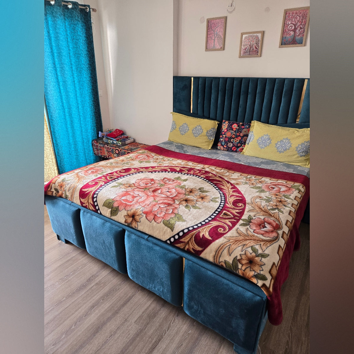 Double Bed with Mattress (Navy Blue)