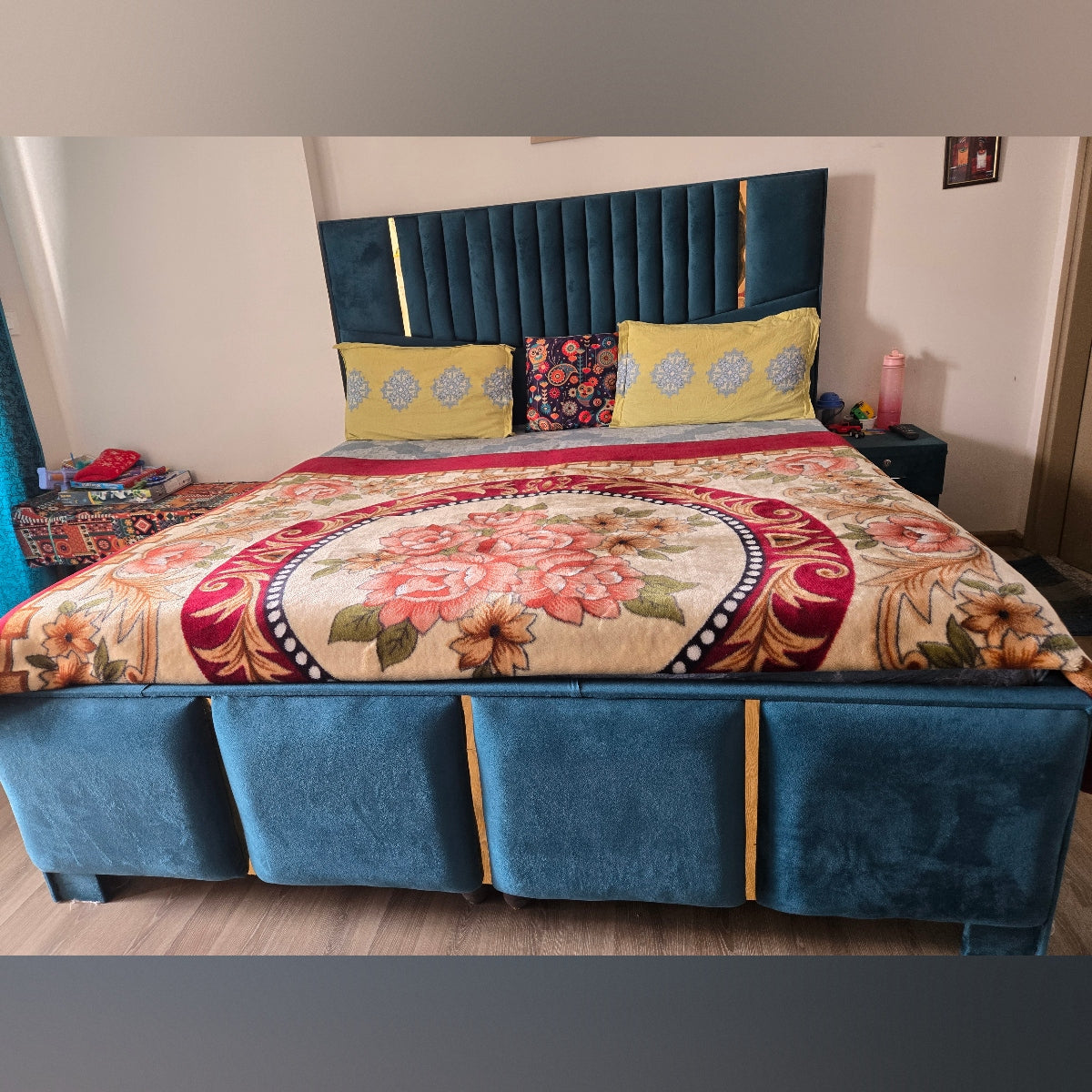 Double Bed with Mattress (Navy Blue)