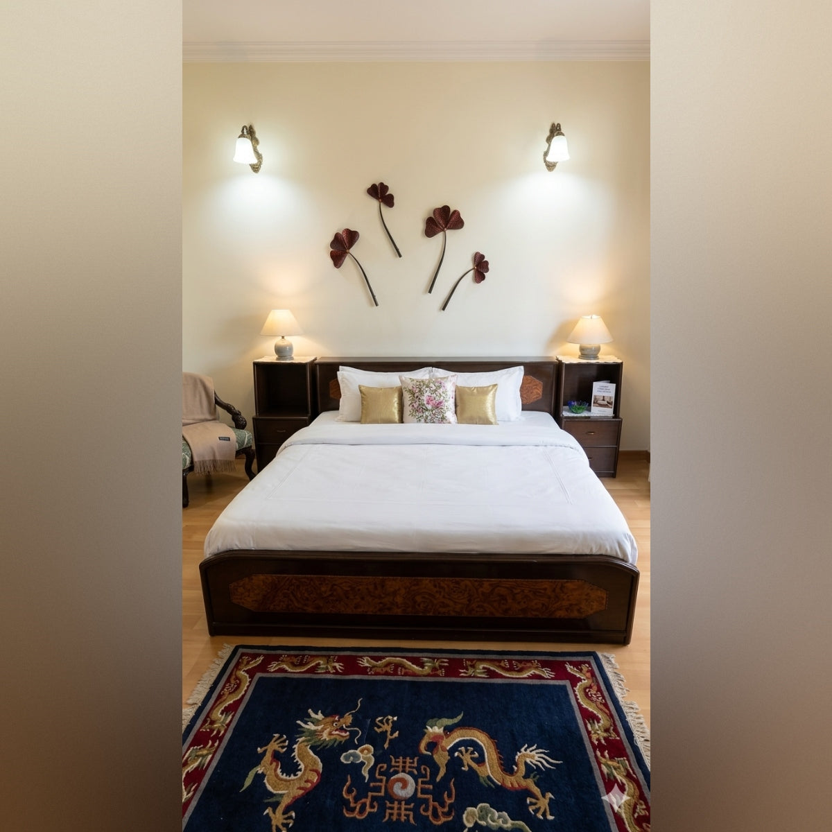 Premium Teak Wood Bed + 2 Side Tables + Sleepwell Mattress
