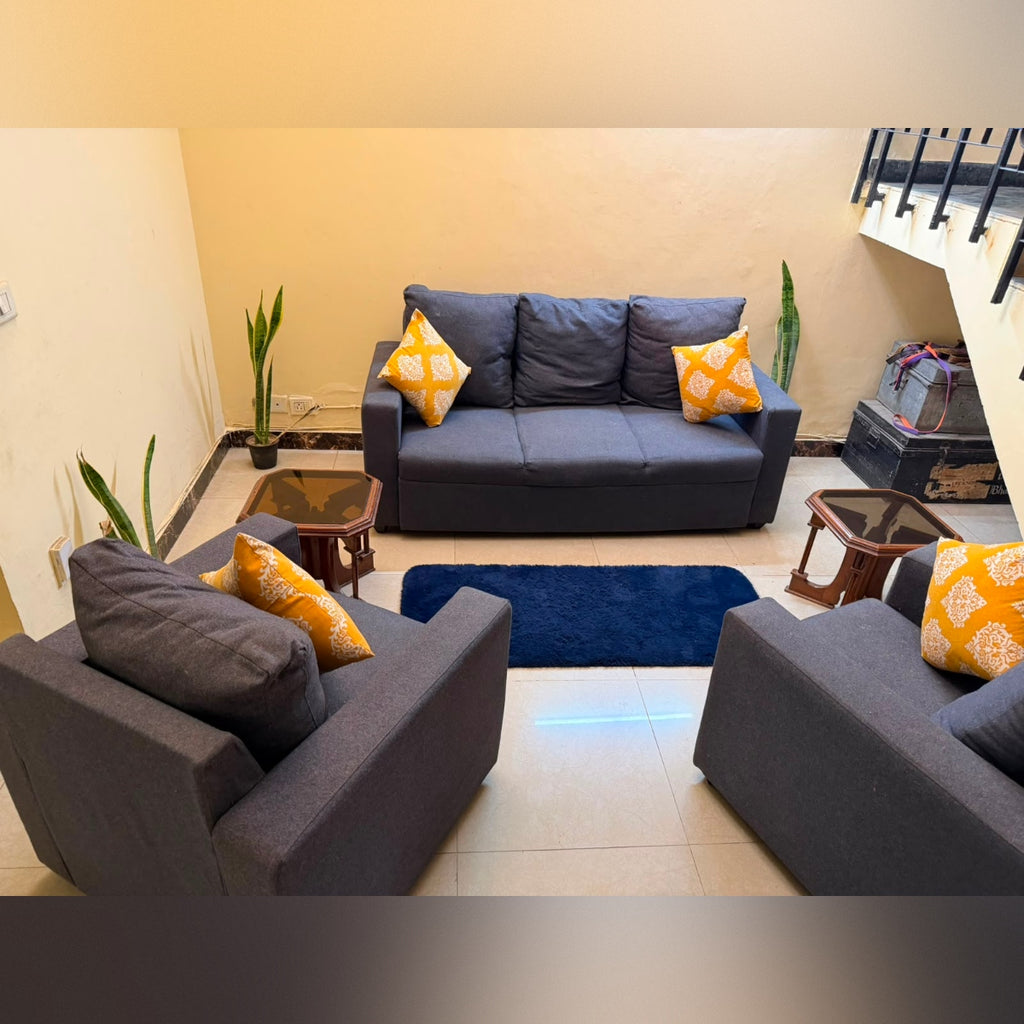 Furlenco 5-Seater Sofa Set + 2 Glass Top Side Tables
