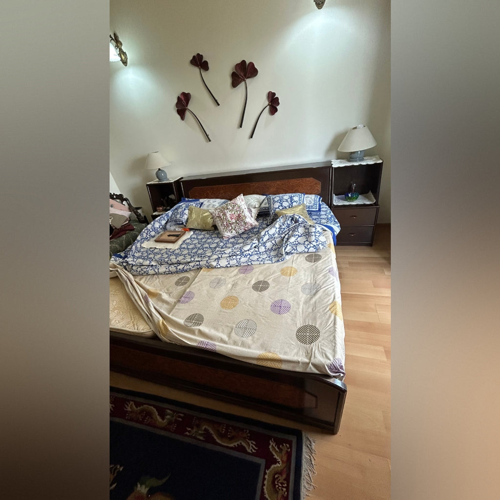 Premium Teak Wood Bed + 2 Side Tables + Sleepwell Mattress