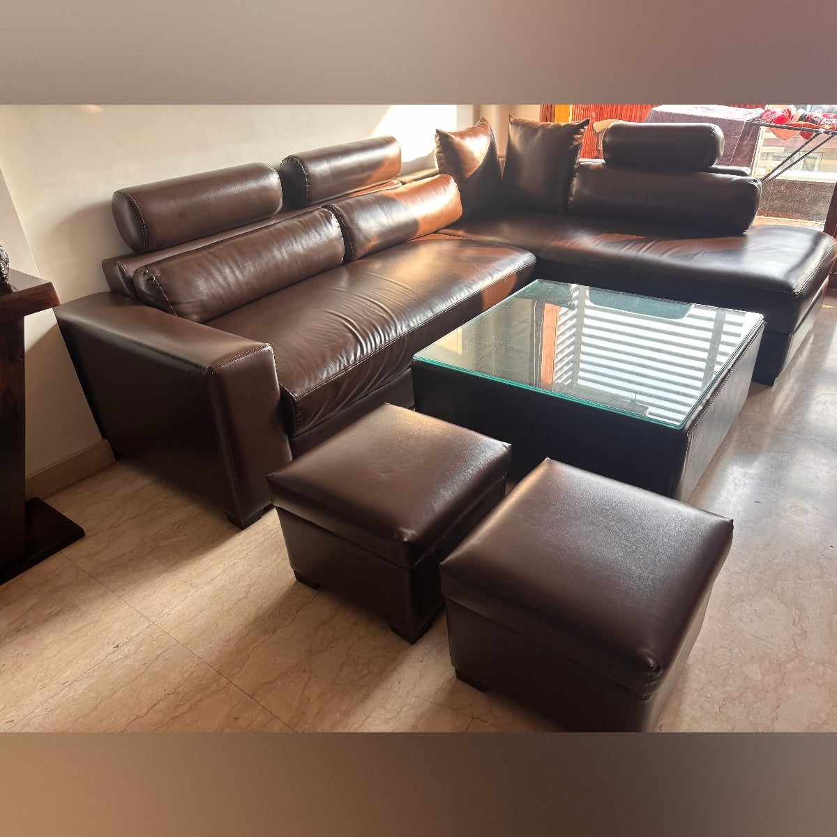 Sofa with centre table & two puffs