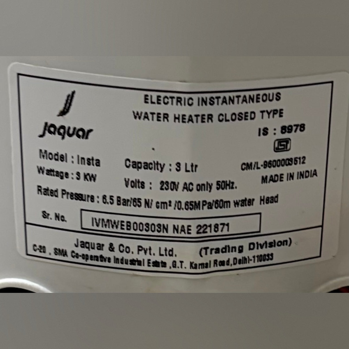 Jaquar 3L Water Heater