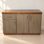 Pre-owned woodgrain storage cabinet with one drawer and three doors