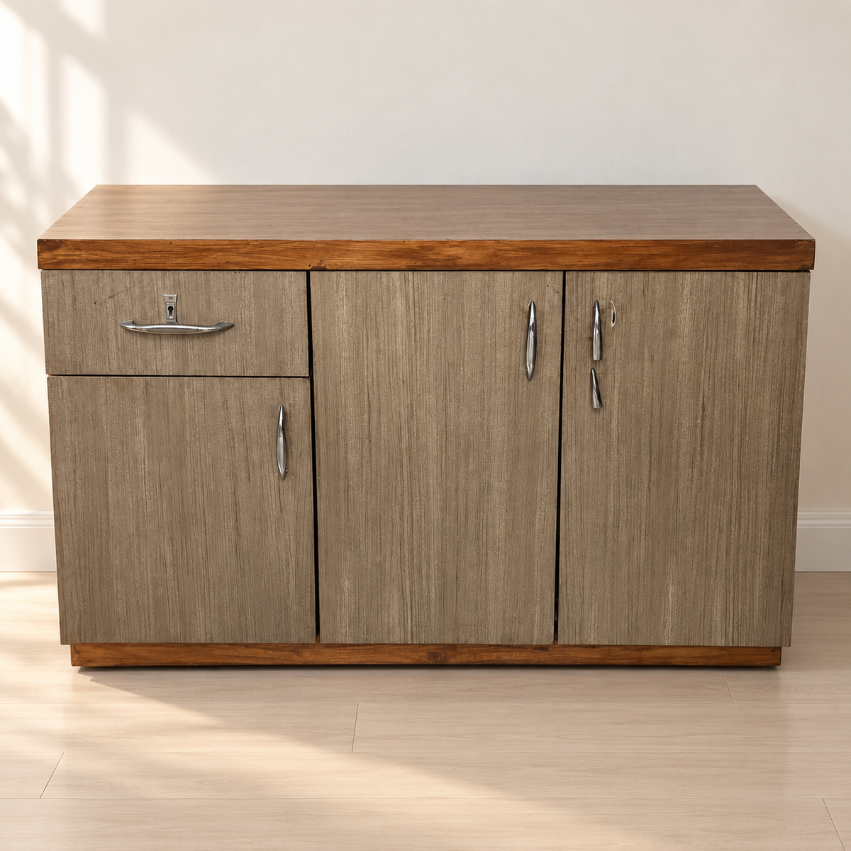 Pre-owned woodgrain storage cabinet with one drawer and three doors