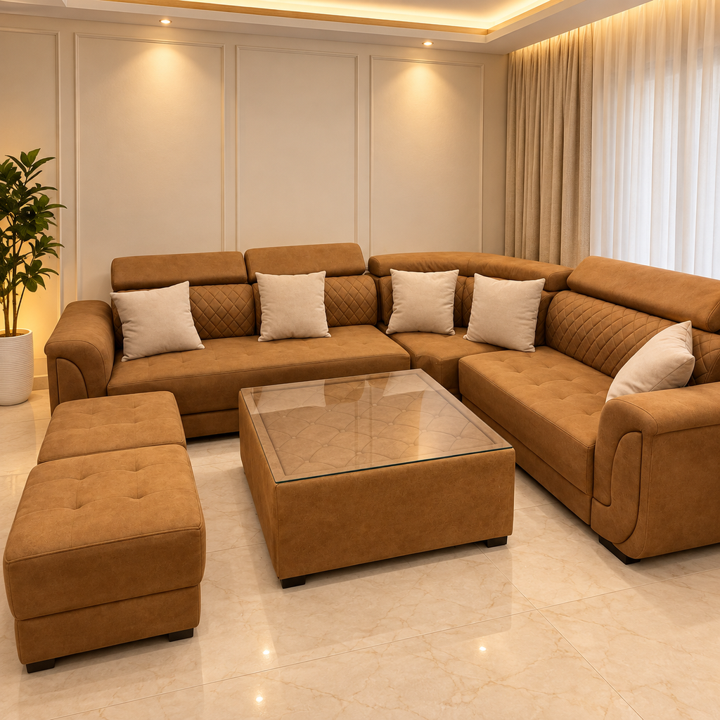 Pre-owned tan L-shaped sofa set with two ottomans and upholstered glass-top table