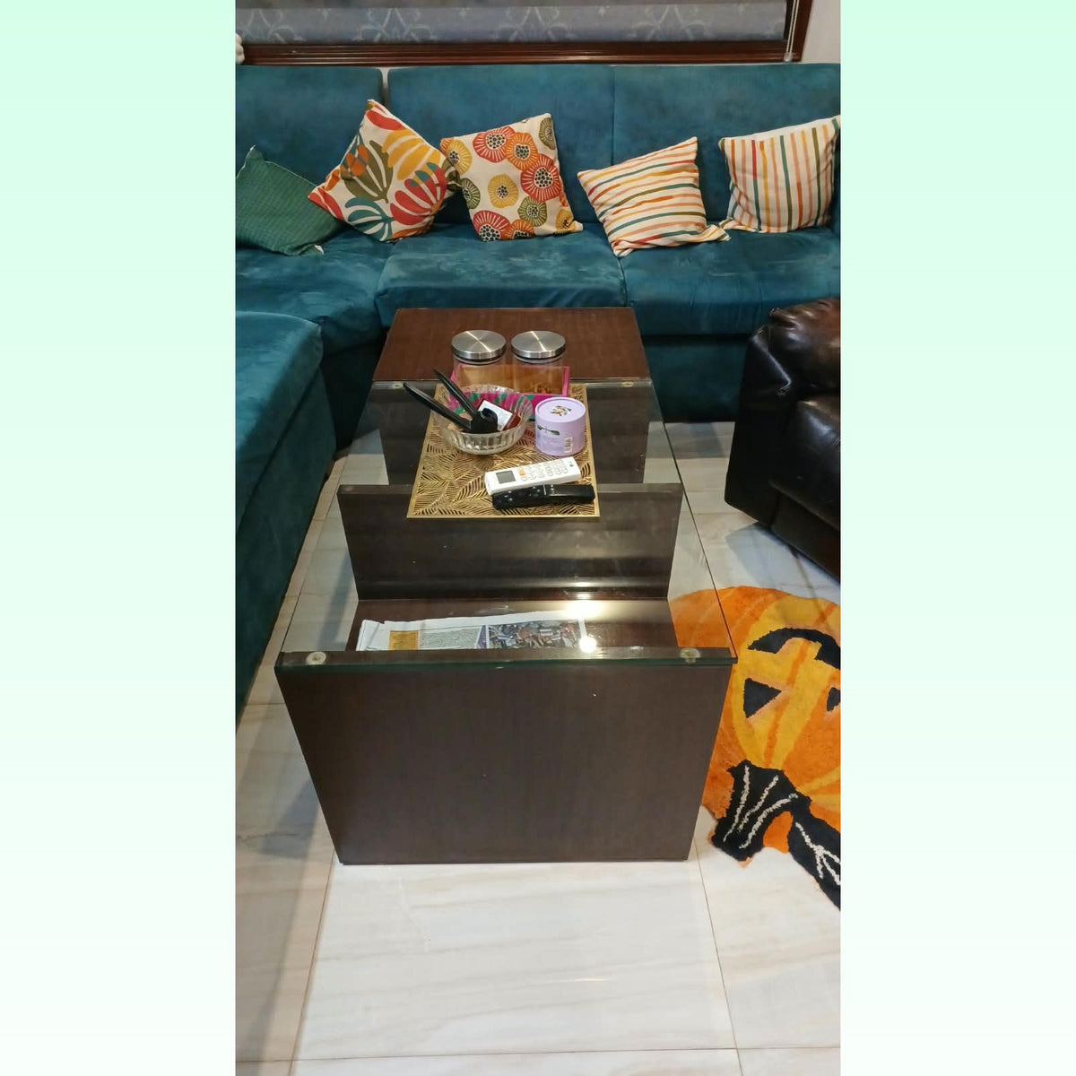 Wooden Coffee Table with Glass Top and Storage photo 4