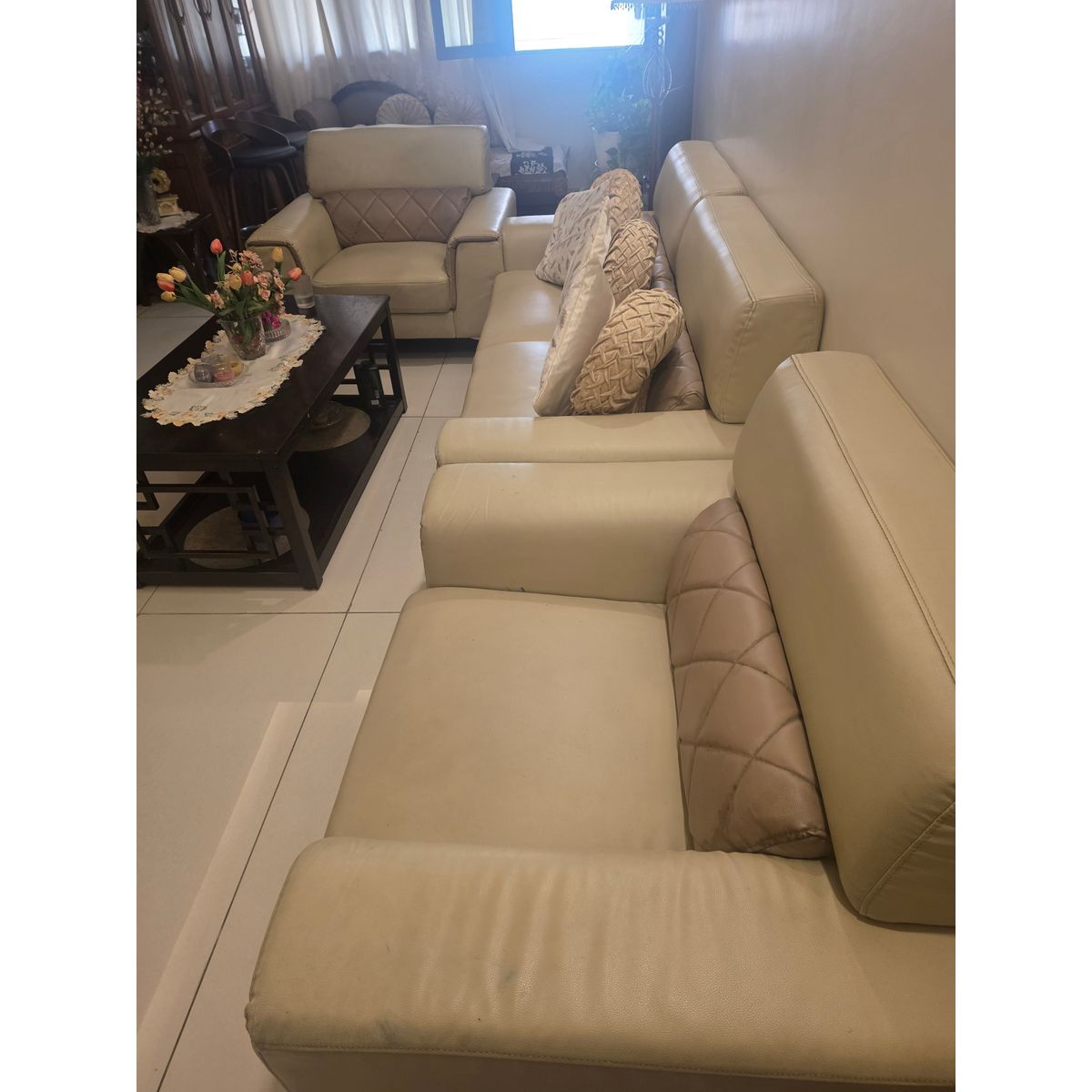 5-Seater Cream Leatherette Sofa Set 3+1+1