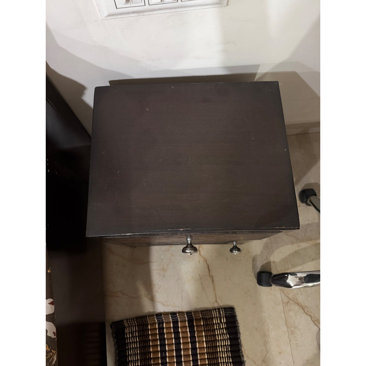 Bedside Tables (Set of 2), Dark Wood with Carved Panels - top scratches and edge wear