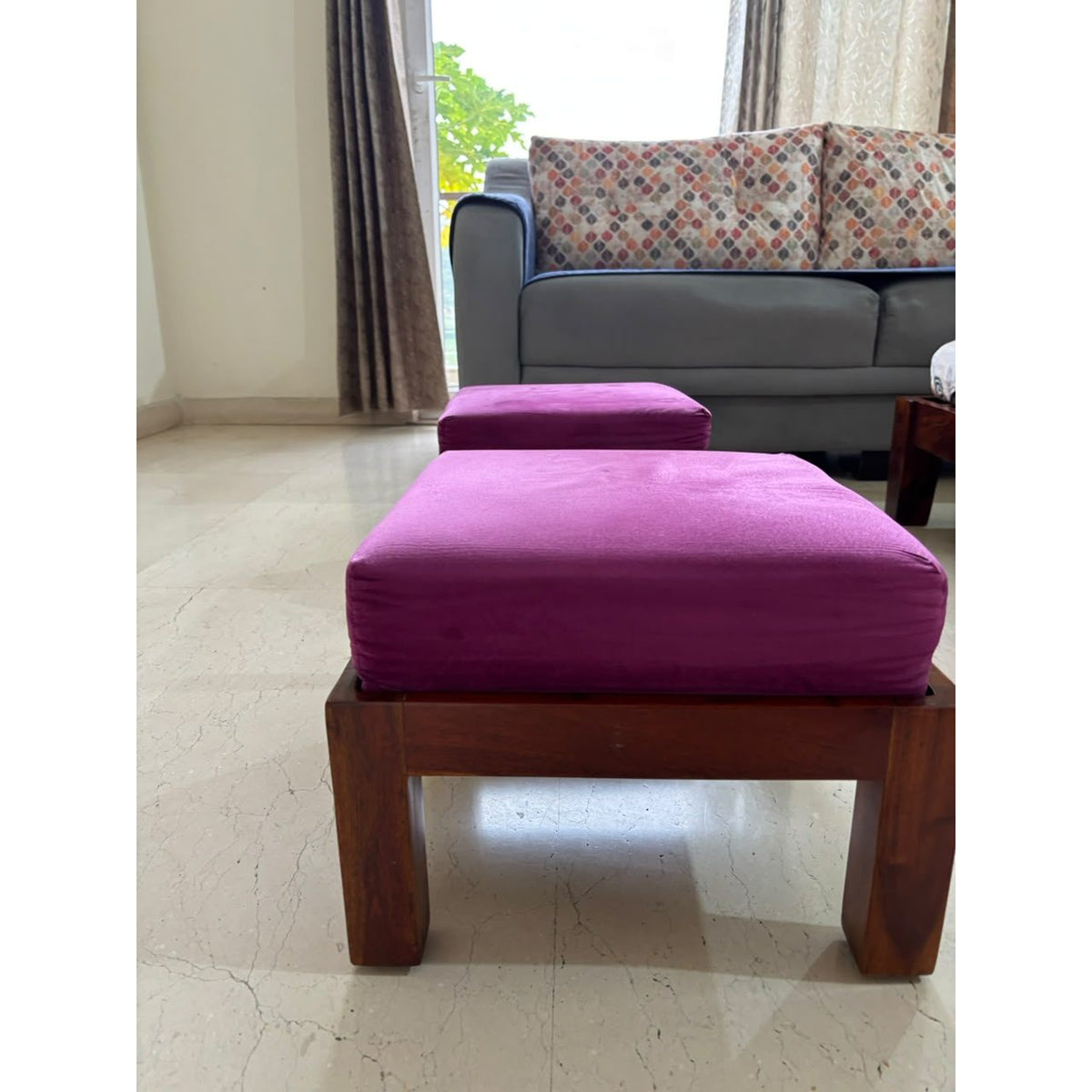 Pair of sheesham wood ottomans with purple cushions - photo 2