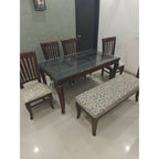6-Seater Glass Top Dining Table with Cushion Chairs (4 Chairs + 1 Bench)