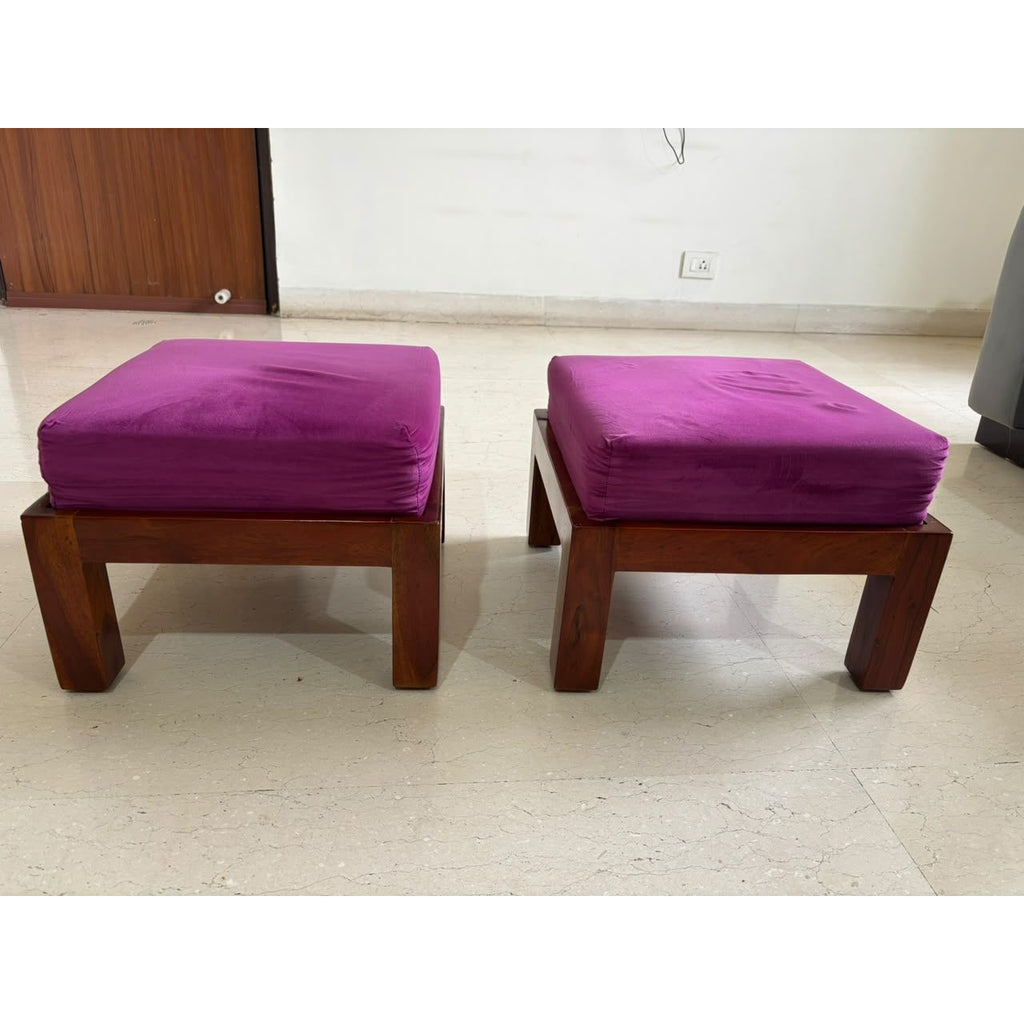 Pair of sheesham wood ottomans with purple cushions - photo 3