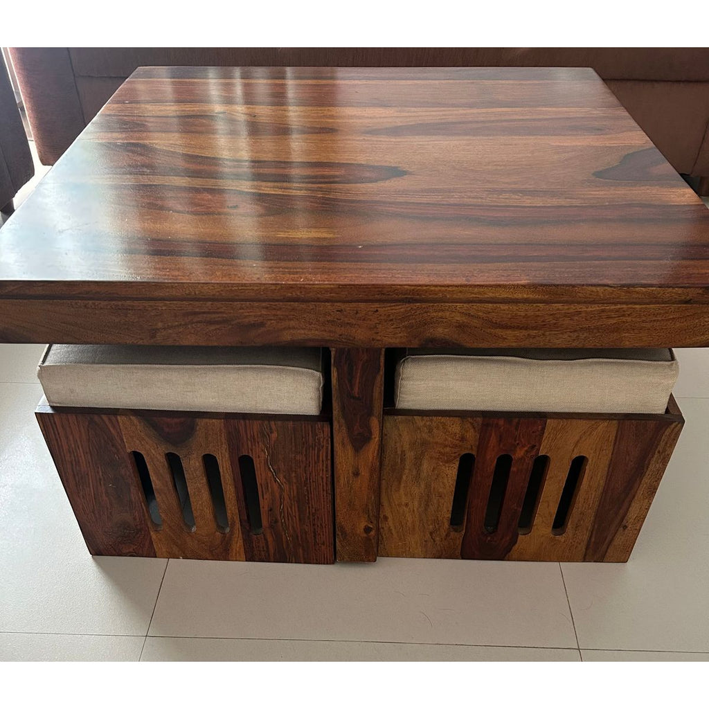 Sheesham Wood Coffee Table with 4 Cushioned Stools