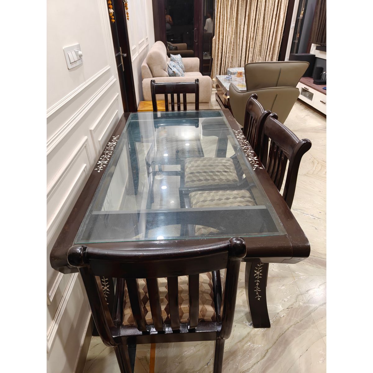 Solid Burma Teak Dining Table 6 Seater with Glass Top - Front View
