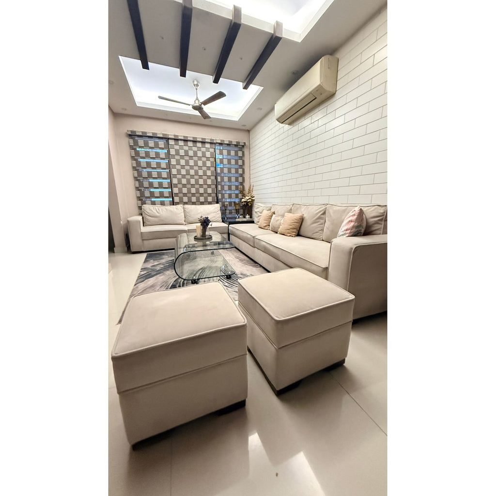 L-Shape Sofa Set with 2 Pouffes & Glass Centre Table
